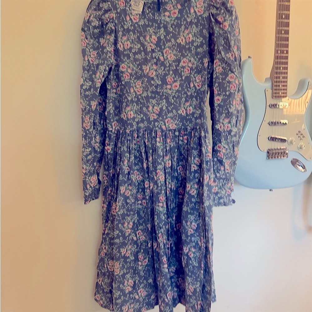 Laura Ashley Blue Floral Dress with Pink Roses and Green Leaves - fits like sz 6